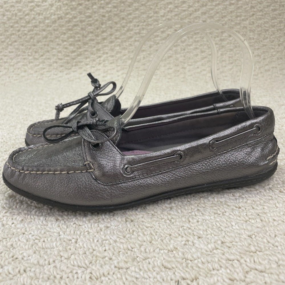 Sperry Shoes Womens Size 7.5‎ M Topsider Leather Boat Silver Metallic Slip On